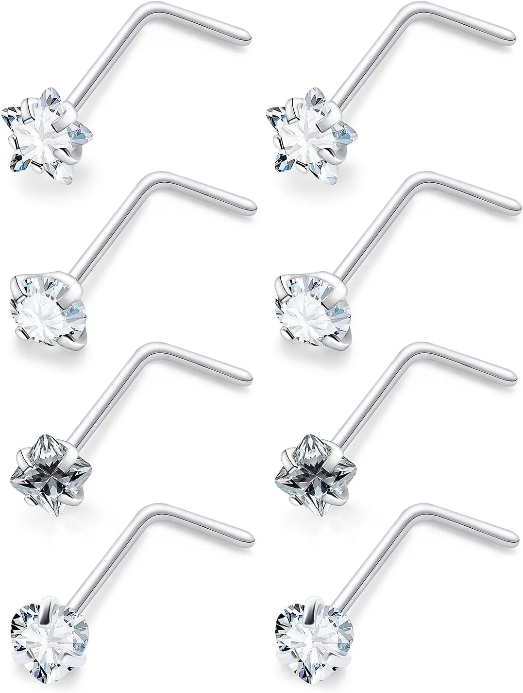 20/18g Straight/L Shaped Diamond Nose Ring Studs Earrings Piercings Jewelry Surgical Steel for Women Men