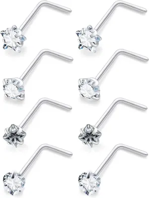 20/18g Straight/L Shaped Diamond Nose Ring Studs Earrings Piercings Jewelry Surgical Steel for Women Men