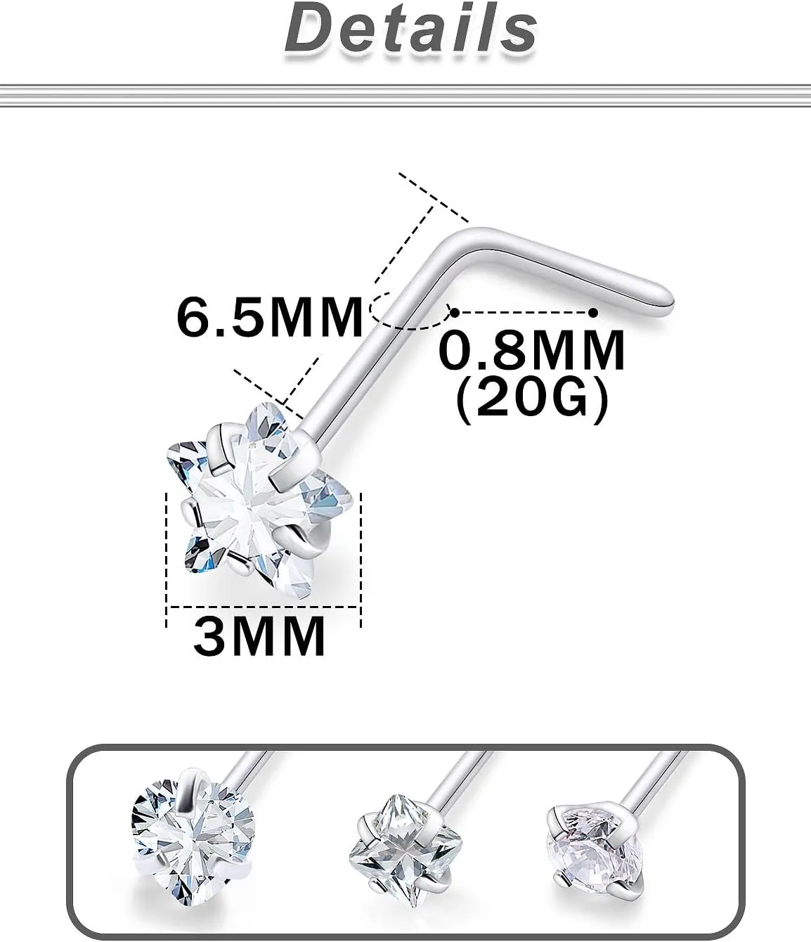 20/18g Straight/L Shaped Diamond Nose Ring Studs Earrings Piercings Jewelry Surgical Steel for Women Men