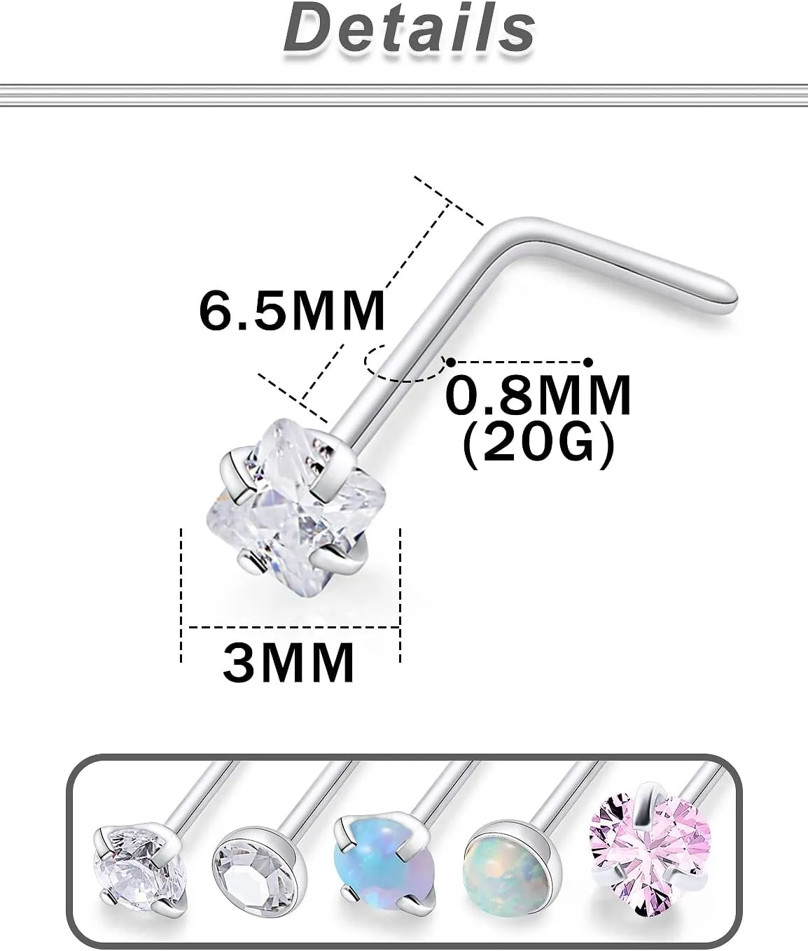 20/18g Straight/L Shaped Diamond Nose Ring Studs Earrings Piercings Jewelry Surgical Steel for Women Men