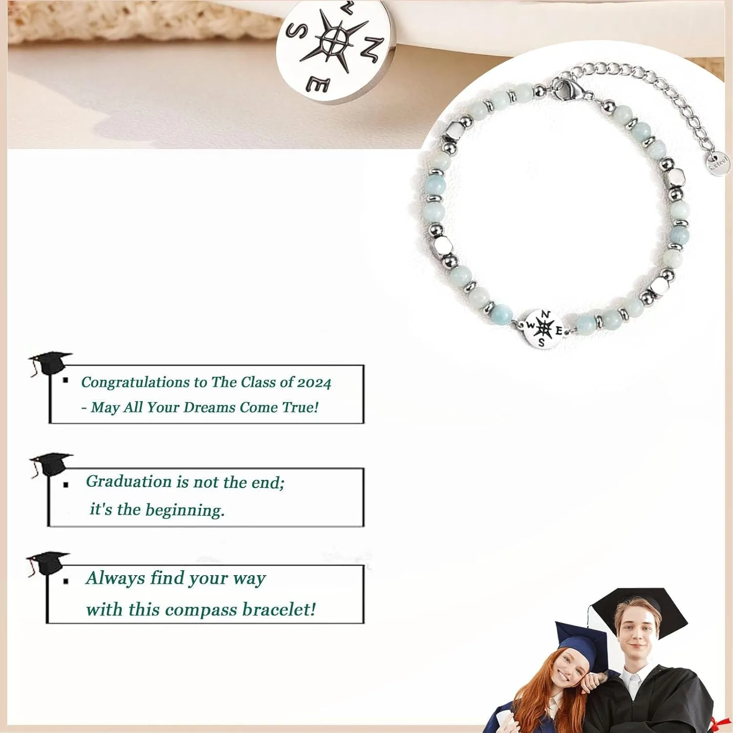 2024 Graduation Bracelet for Her,Tiny Gemstone Graduation Bracelet, Charm Compass Bracelet Ideal College graduation Bracelets Perfect Graduation Bracelet for Daughter Dranddaughter Sister