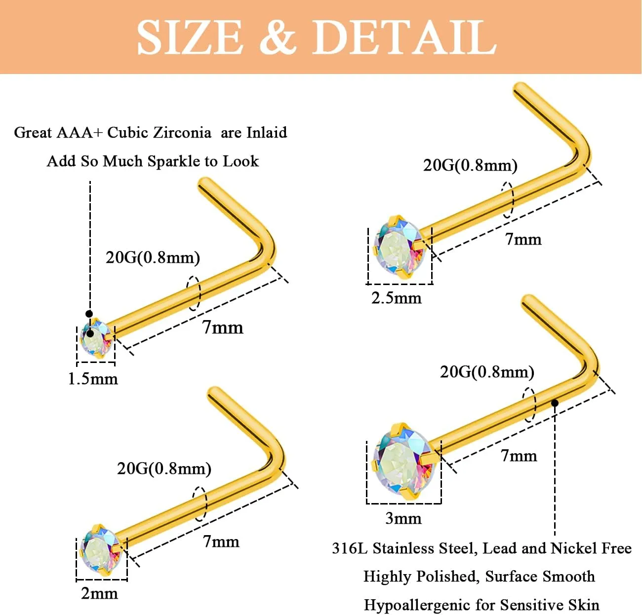 20G 18G Nose Rings Studs Stainless Steel Nose Rings for Women Men Round CZ Nose Bone L Shaped Screw Nose Stud Ring Set Nostril Piercing Jewelry Silver Gold Black