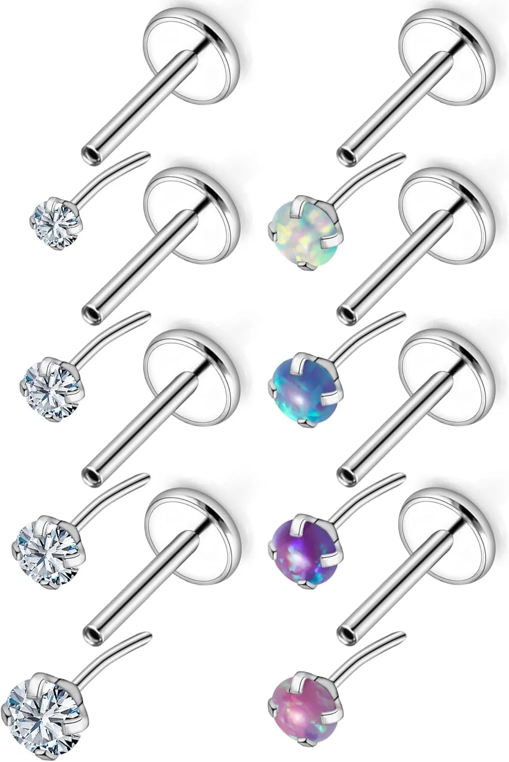 20g/18g Threadless Flat Back Nose Rings Stud for Women Men Opal Cartilage Tragus Helix Piercing Jewelry Hypoallergenic Surgical Stainless Steel