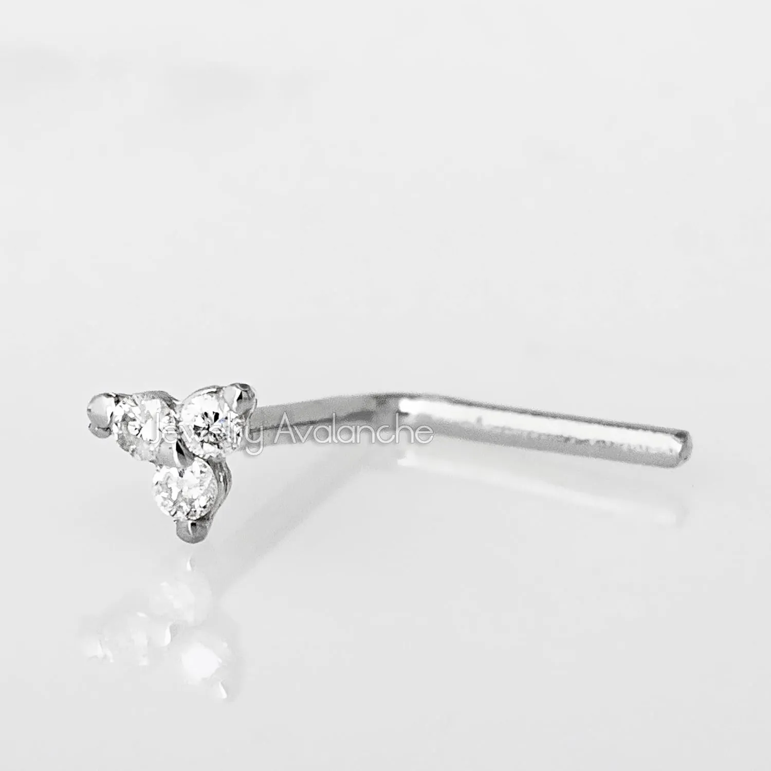 22G Solid 14K Gold 0.015ctw 3-Stone Diamond Nose Stud - Nose Bone/L-Shape/Nose Screw Stud Nose Ring - April Birthstone Nose Stud