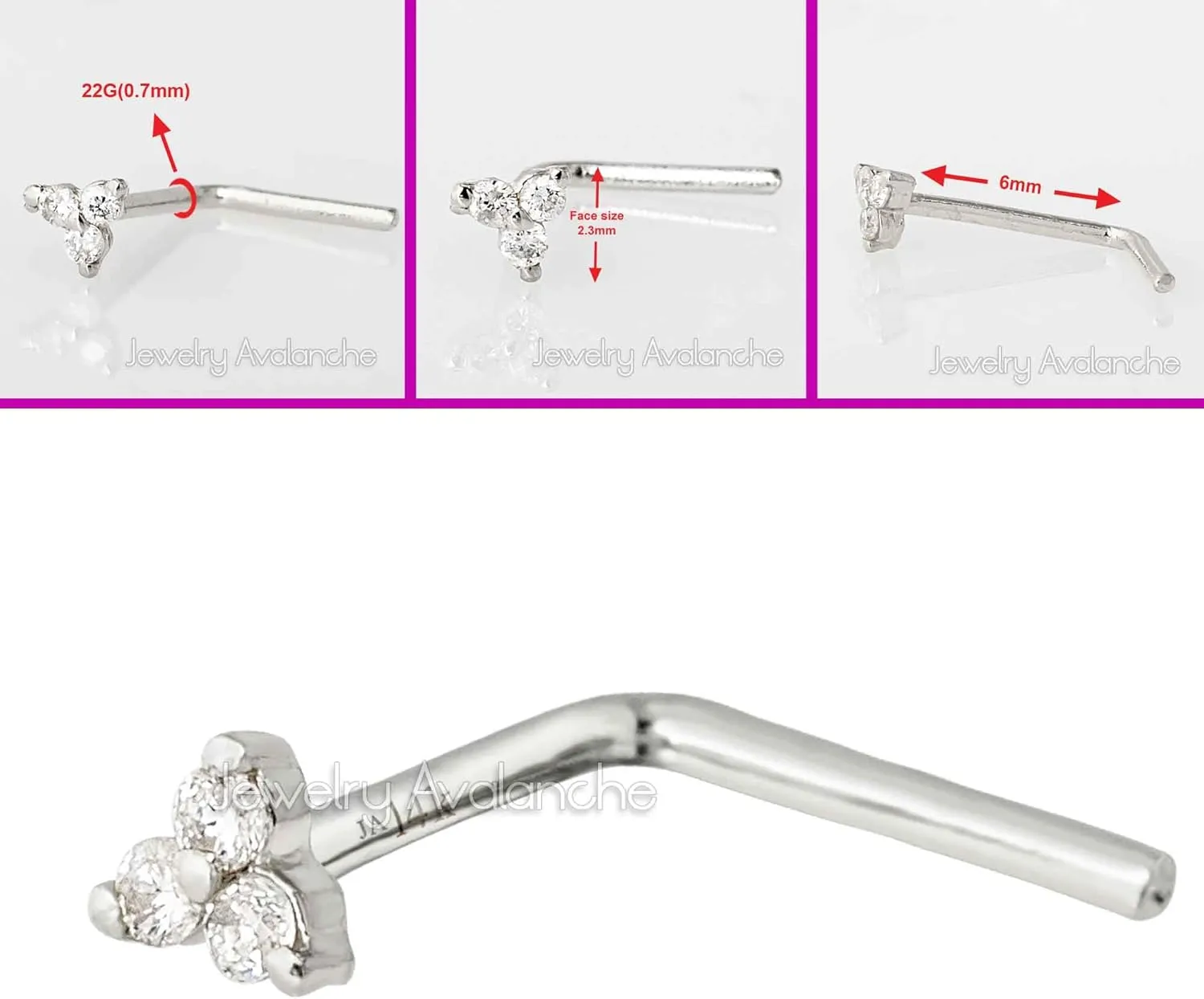 22G Solid 14K Gold 0.015ctw 3-Stone Diamond Nose Stud - Nose Bone/L-Shape/Nose Screw Stud Nose Ring - April Birthstone Nose Stud