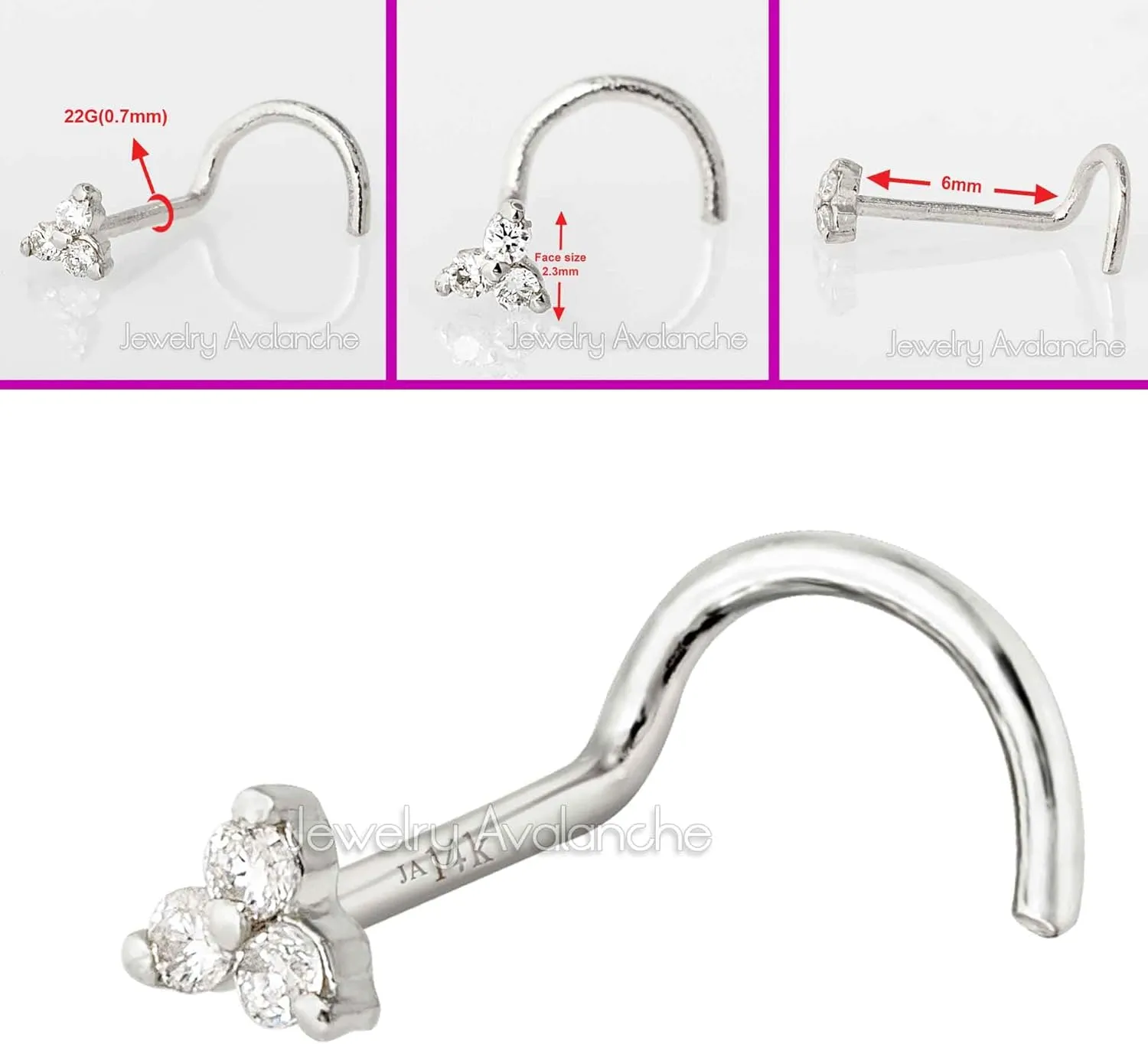 22G Solid 14K Gold 0.015ctw 3-Stone Diamond Nose Stud - Nose Bone/L-Shape/Nose Screw Stud Nose Ring - April Birthstone Nose Stud