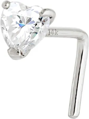 22G Solid 14K Gold 0.10 ctw Moissanite Heart L-Shape Nose Stud - L-bend Nose Ring Stud - April Birthstone Nose Stud