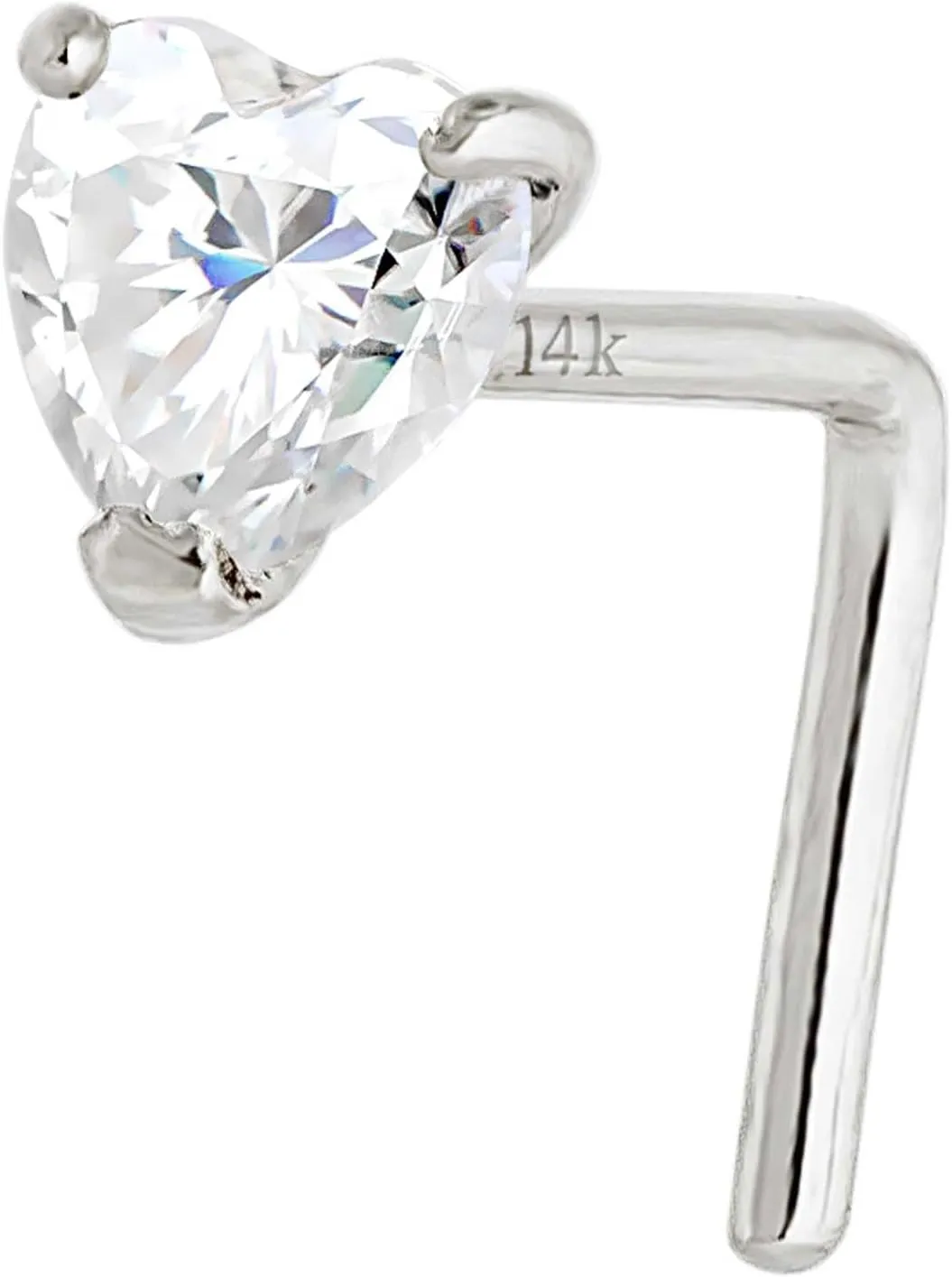 22G Solid 14K Gold 0.10 ctw Moissanite Heart L-Shape Nose Stud - L-bend Nose Ring Stud - April Birthstone Nose Stud