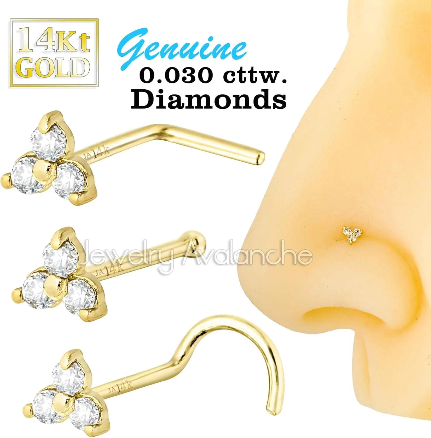 22G Solid 14K Gold 3-Stone 0.030ctw Diamond Nose Stud - Nose Bone/L-Shape/Nose Screw Stud Nose Ring - April Birthstone Nose Stud