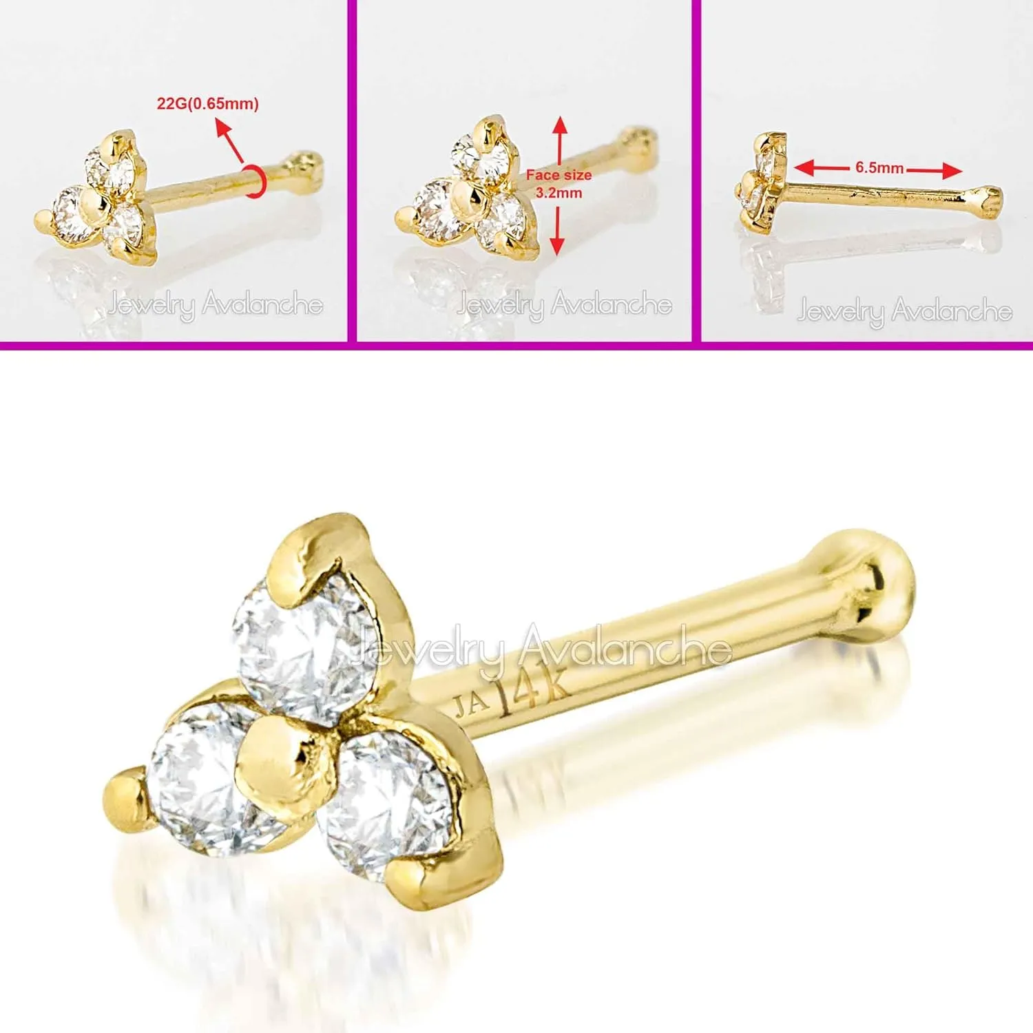 22G Solid 14K Gold 3-Stone 0.030ctw Diamond Nose Stud - Nose Bone/L-Shape/Nose Screw Stud Nose Ring - April Birthstone Nose Stud