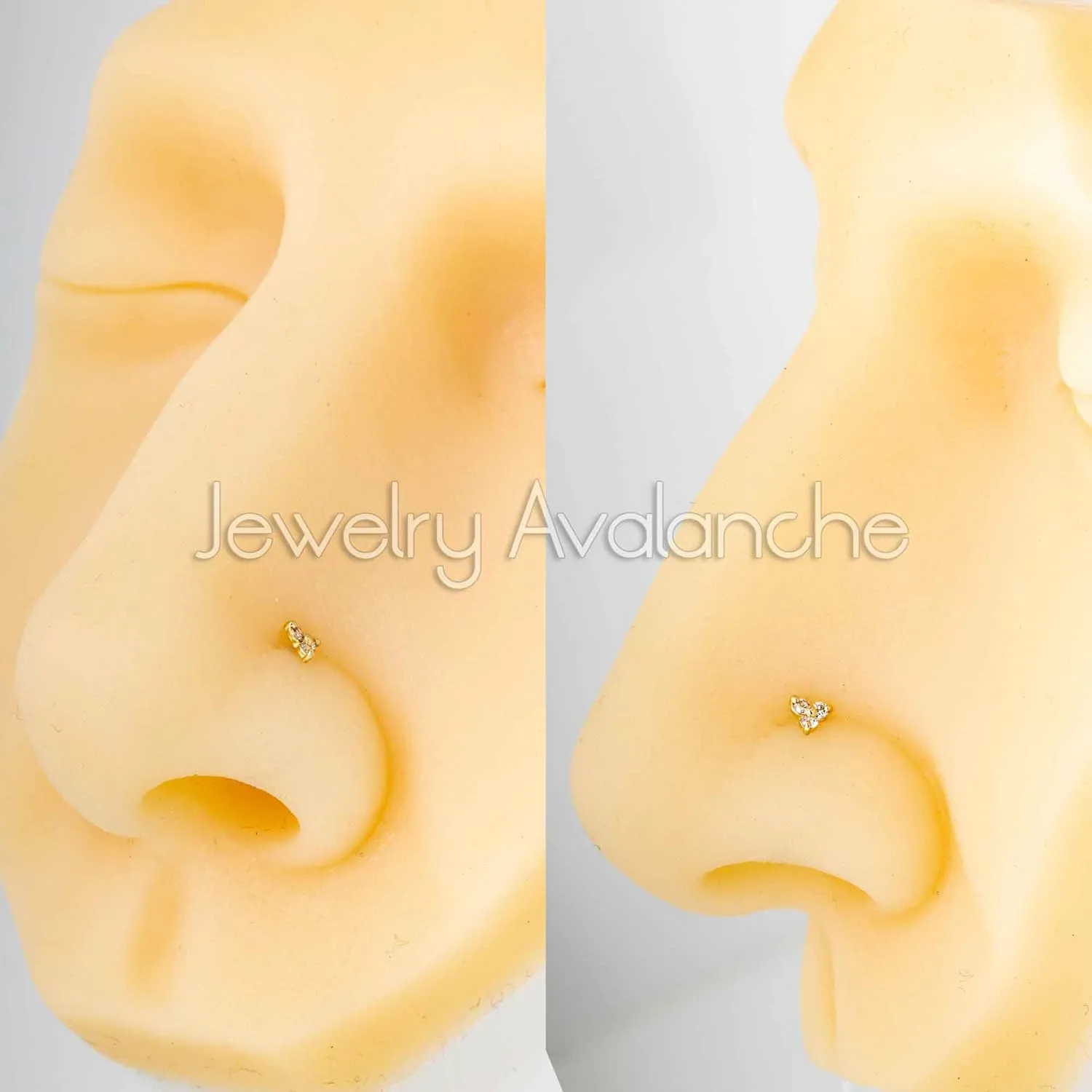 22G Solid 14K Gold 3-Stone 0.030ctw Diamond Nose Stud - Nose Bone/L-Shape/Nose Screw Stud Nose Ring - April Birthstone Nose Stud