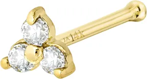 22G Solid 14K Gold 3-Stone 0.030ctw Diamond Nose Stud - Nose Bone/L-Shape/Nose Screw Stud Nose Ring - April Birthstone Nose Stud