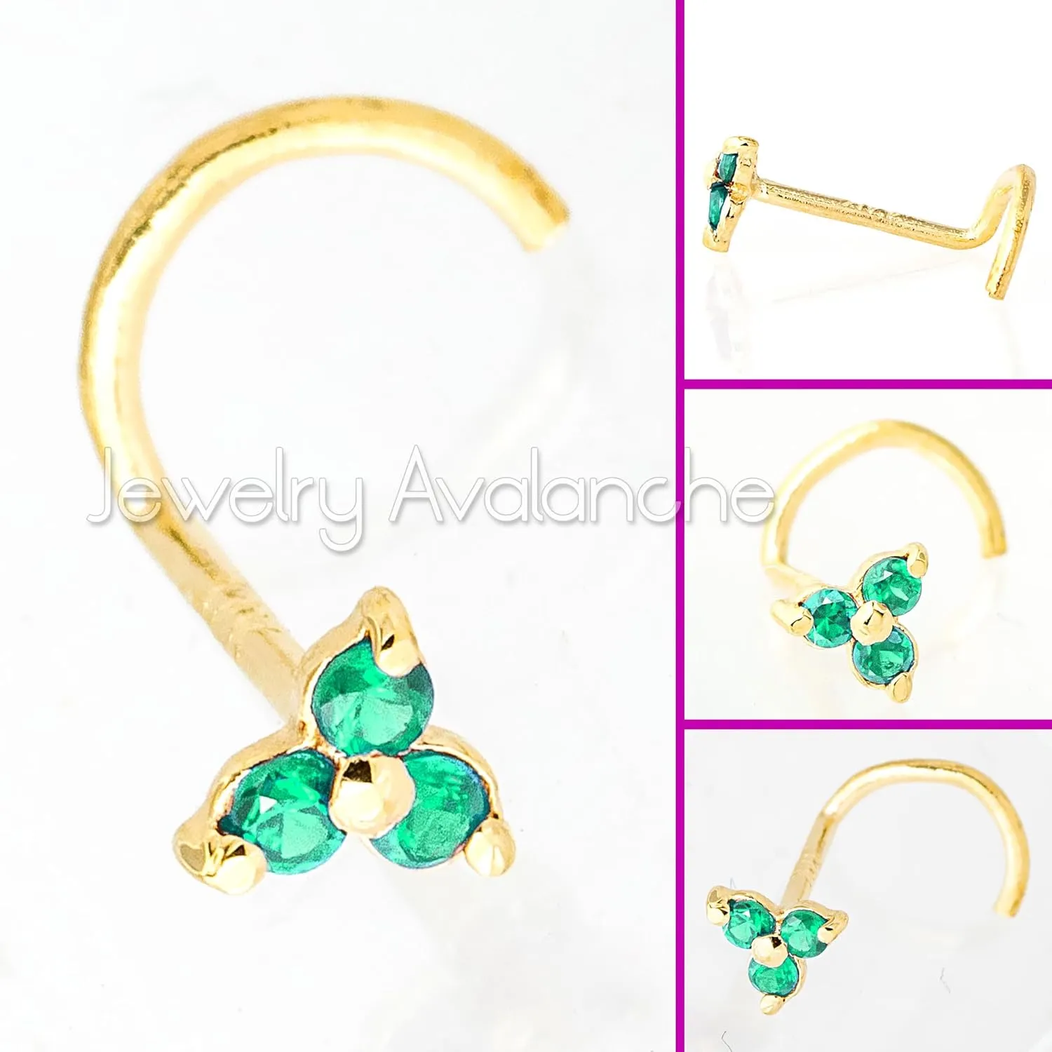 22G Solid 14K Gold 3-Stone 0.030ctw Emerald Nose Stud - Nose Bone/L-Shape/Nose Screw Stud Nose Ring - May Birthstone Nose Stud