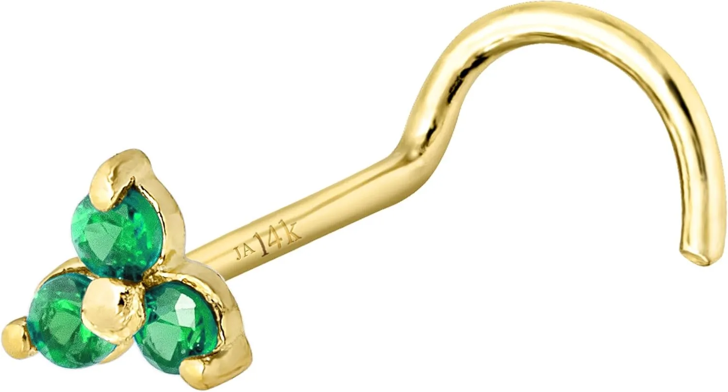 22G Solid 14K Gold 3-Stone 0.030ctw Emerald Nose Stud - Nose Bone/L-Shape/Nose Screw Stud Nose Ring - May Birthstone Nose Stud