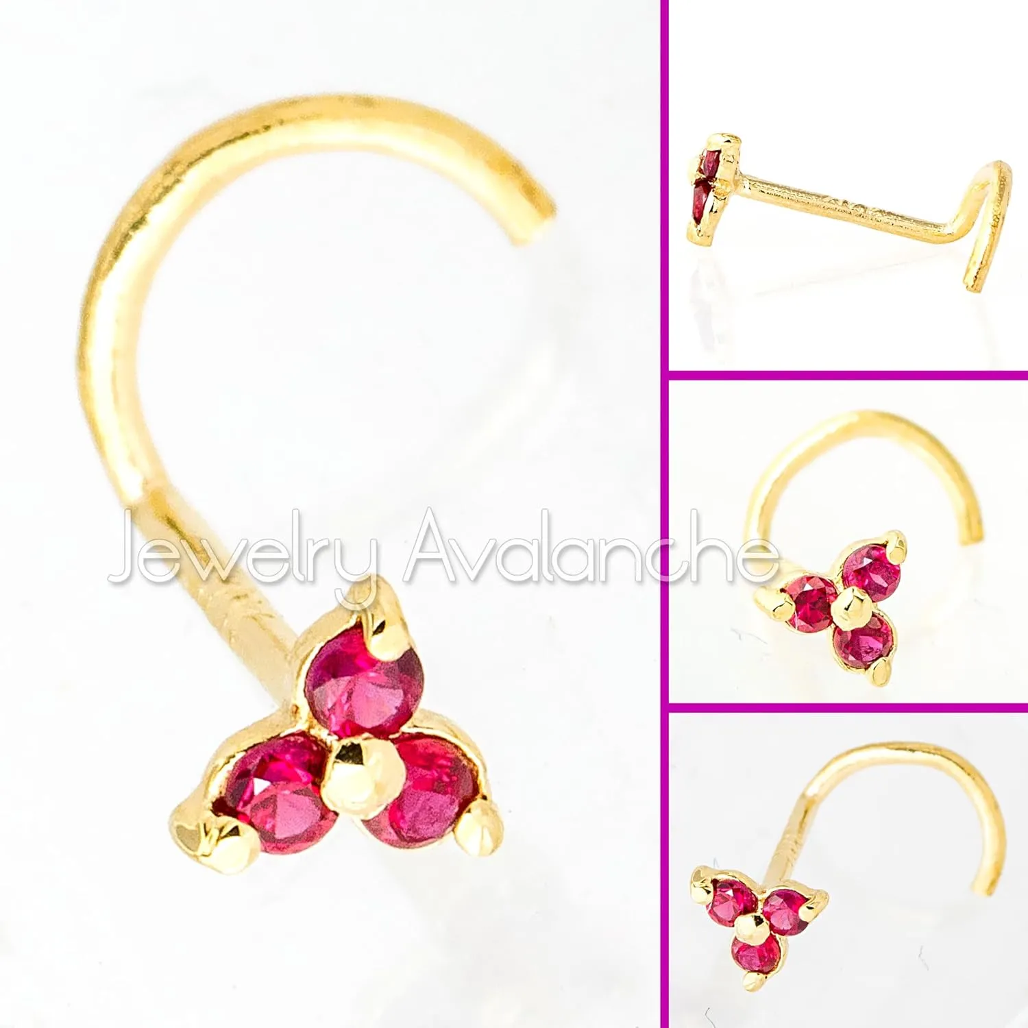22G Solid 14K Gold 3-Stone 0.030ctw Ruby Nose Stud - Nose Bone/L-Shape/Nose Screw Stud Nose Ring - July Birthstone Nose Stud