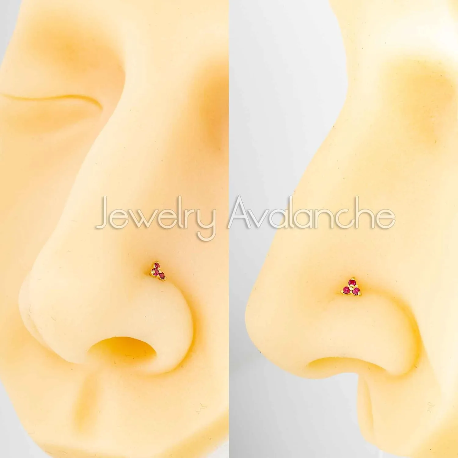 22G Solid 14K Gold 3-Stone 0.030ctw Ruby Nose Stud - Nose Bone/L-Shape/Nose Screw Stud Nose Ring - July Birthstone Nose Stud