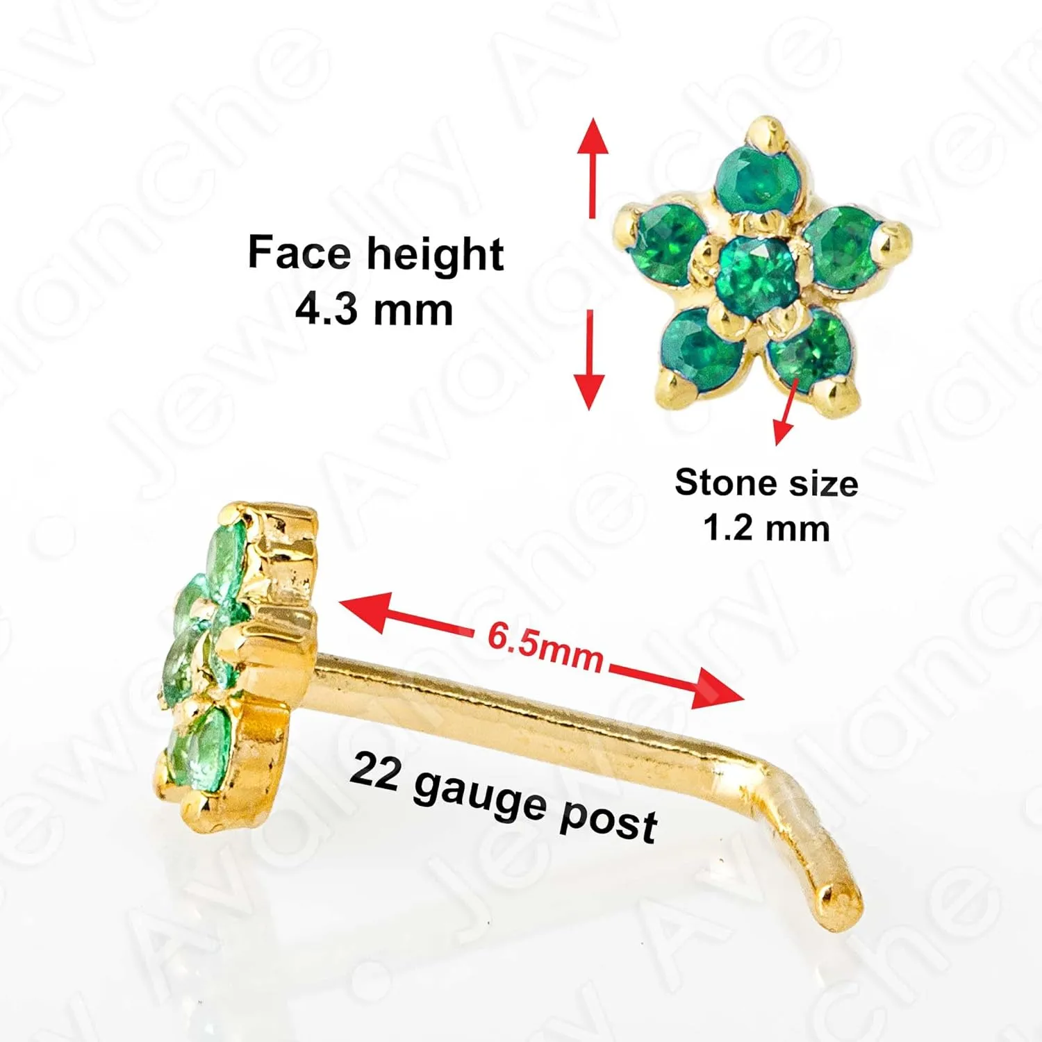 22G Solid 14K Gold 6-Stone 0.05ctw Emerald Flower Nose Stud - Nose Bone/L-Shape/Nose Screw Stud Nose Ring - May Birthstone Nose Stud