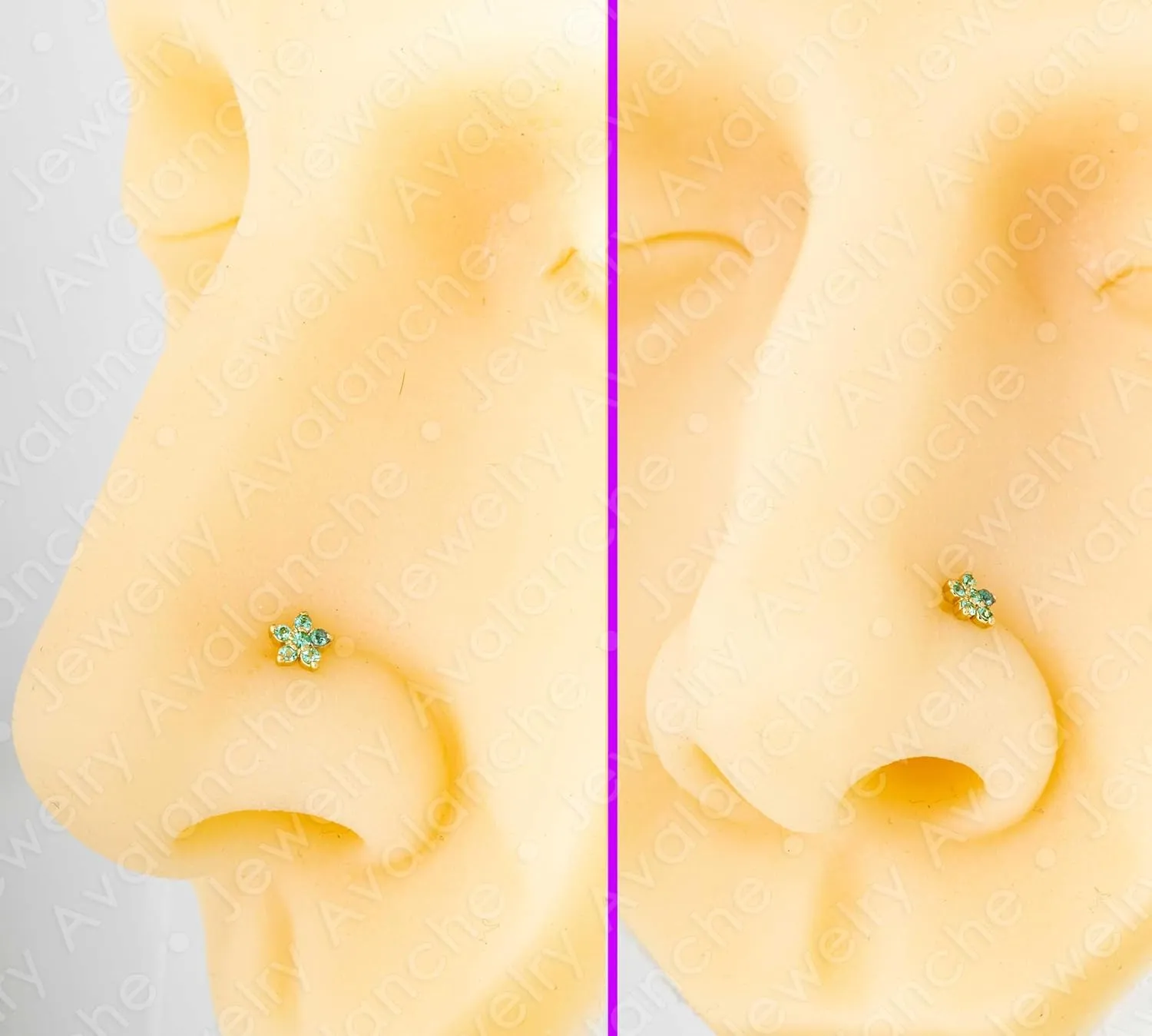 22G Solid 14K Gold 6-Stone 0.05ctw Emerald Flower Nose Stud - Nose Bone/L-Shape/Nose Screw Stud Nose Ring - May Birthstone Nose Stud