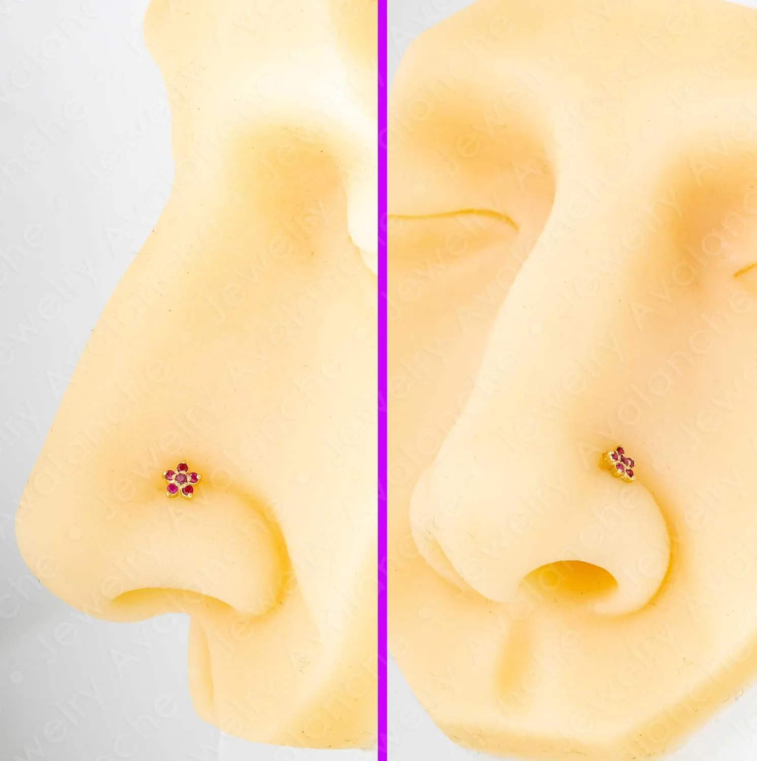 22G Solid 14K Gold 6-Stone 0.05ctw Ruby Flower Nose Stud - Nose Bone/L-Shape/Nose Screw Stud Nose Ring - July Birthstone Nose Stud