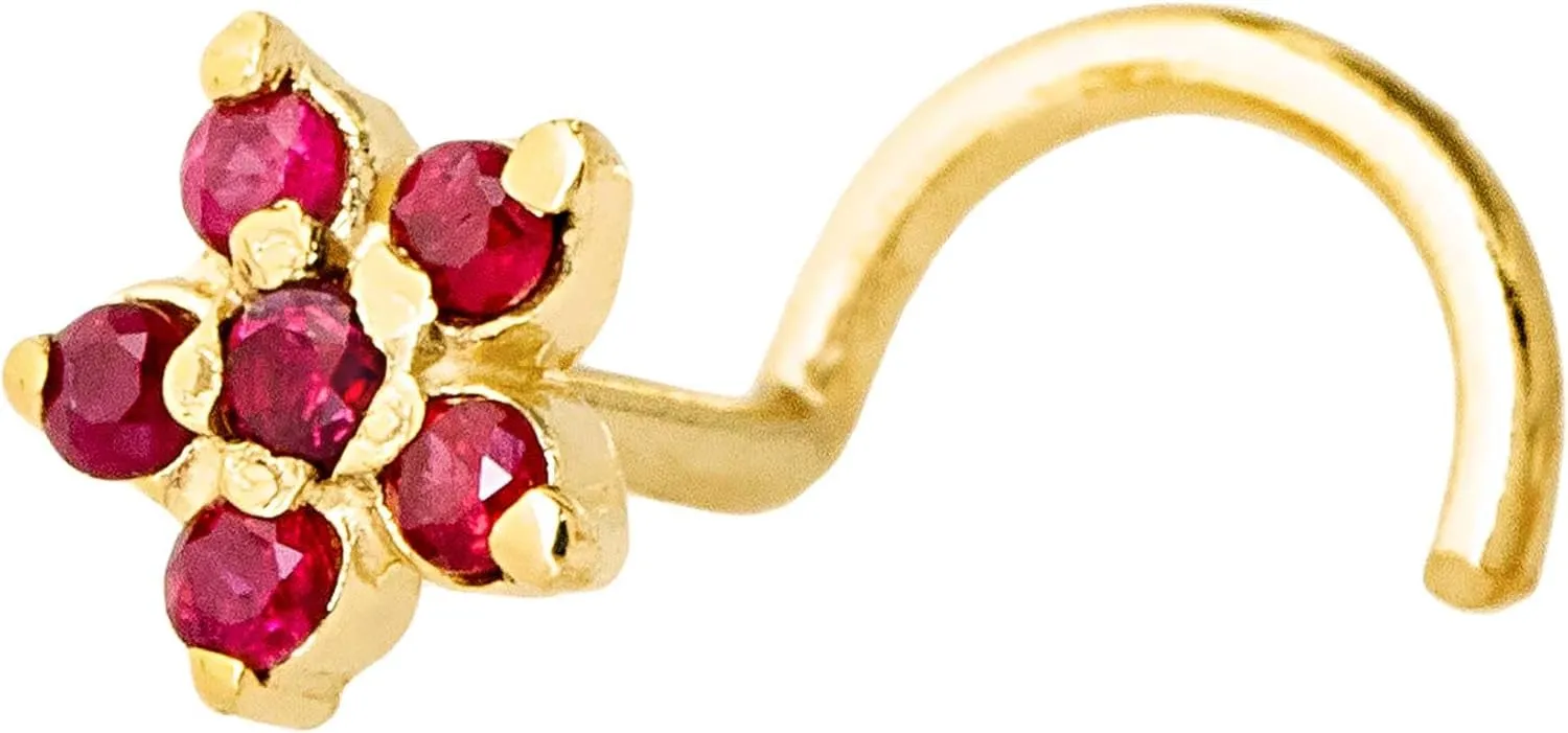 22G Solid 14K Gold 6-Stone 0.05ctw Ruby Flower Nose Stud - Nose Bone/L-Shape/Nose Screw Stud Nose Ring - July Birthstone Nose Stud
