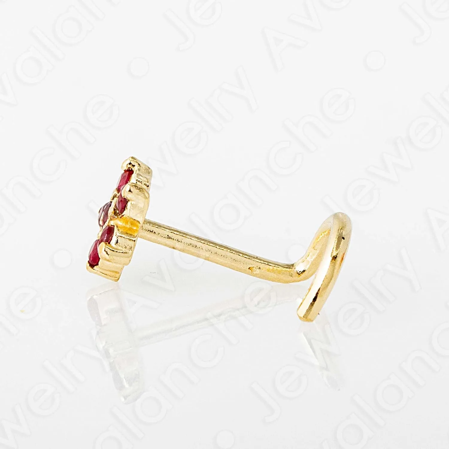 22G Solid 14K Gold 6-Stone 0.05ctw Ruby Flower Nose Stud - Nose Bone/L-Shape/Nose Screw Stud Nose Ring - July Birthstone Nose Stud