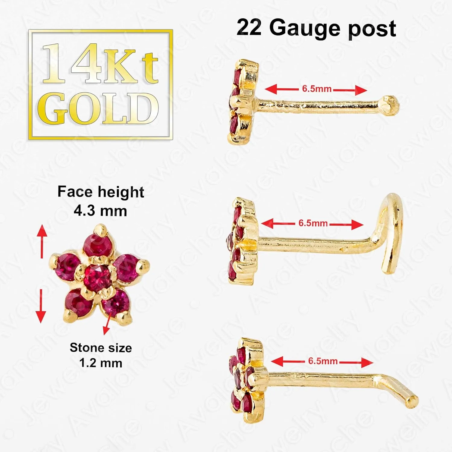 22G Solid 14K Gold 6-Stone 0.05ctw Ruby Flower Nose Stud - Nose Bone/L-Shape/Nose Screw Stud Nose Ring - July Birthstone Nose Stud