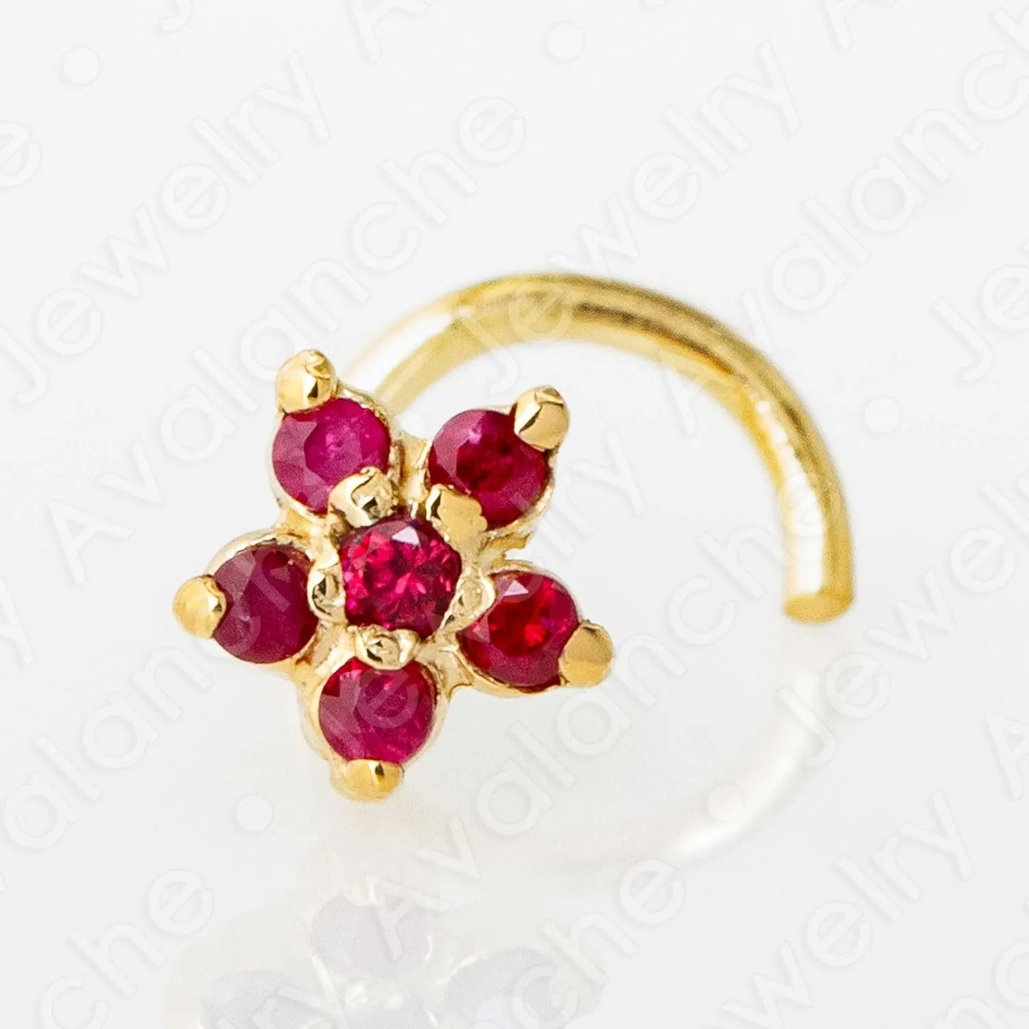 22G Solid 14K Gold 6-Stone 0.05ctw Ruby Flower Nose Stud - Nose Bone/L-Shape/Nose Screw Stud Nose Ring - July Birthstone Nose Stud