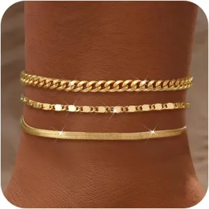 2/3 PCS Gold Anklets for Women Waterproof Cuban Link Anklet Beaded Bracelets Stackable Bracelets 14K Gold Plated Custom Jewelry Gifts Non Tarnish Lightweight