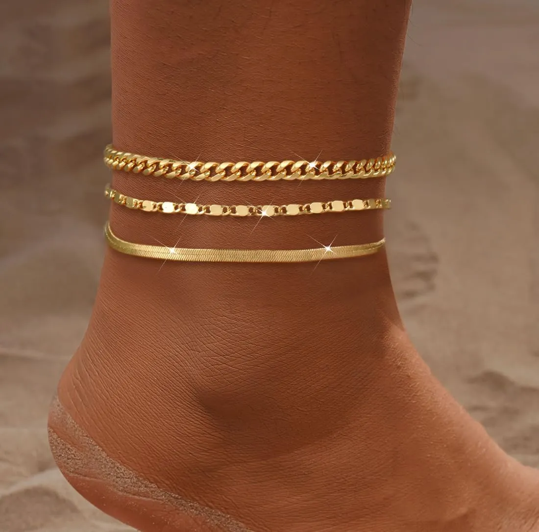 2/3 PCS Gold Anklets for Women Waterproof Cuban Link Anklet Beaded Bracelets Stackable Bracelets 14K Gold Plated Custom Jewelry Gifts Non Tarnish Lightweight
