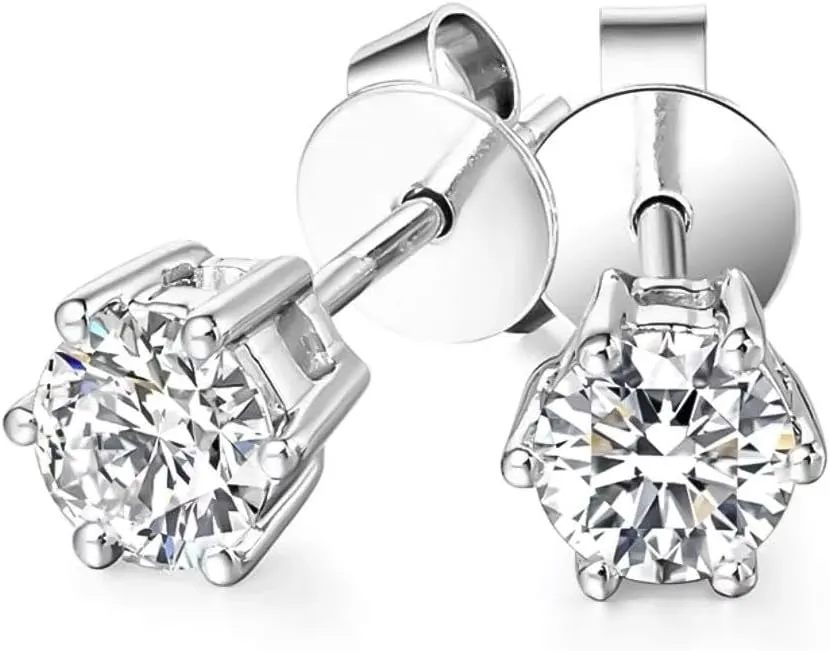 2ct Moissanite Stud Earrings, D Color VVS1 Clarity, Round Brilliant Cut, 14K White Gold Plated 925 Sterling Silver, 6-Prong Setting, Certified Stones