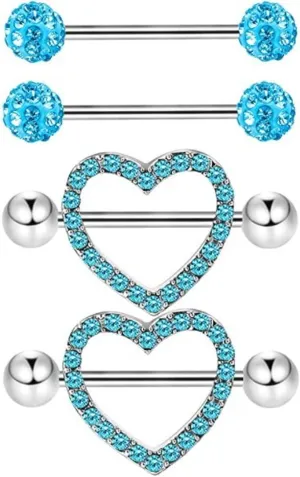 2Pairs 14G Stainless Steel Nipple Rings Glitter CZ Heart Ball Straight Barbell Bars Tongue Ring 16mm(5/8Inch) Body Piercing Jewelry Set