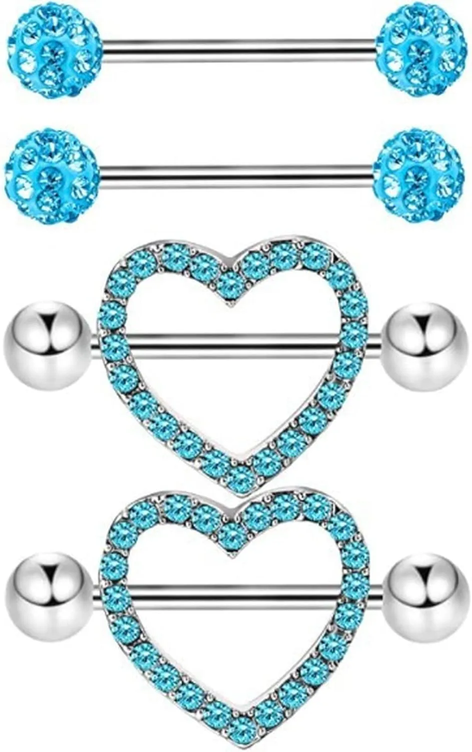 2Pairs 14G Stainless Steel Nipple Rings Glitter CZ Heart Ball Straight Barbell Bars Tongue Ring 16mm(5/8Inch) Body Piercing Jewelry Set