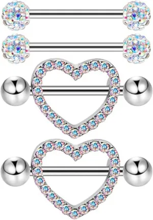 2Pairs 14G Stainless Steel Nipple Rings Glitter CZ Heart Ball Straight Barbell Bars Tongue Ring 16mm(5/8Inch) Body Piercing Jewelry Set