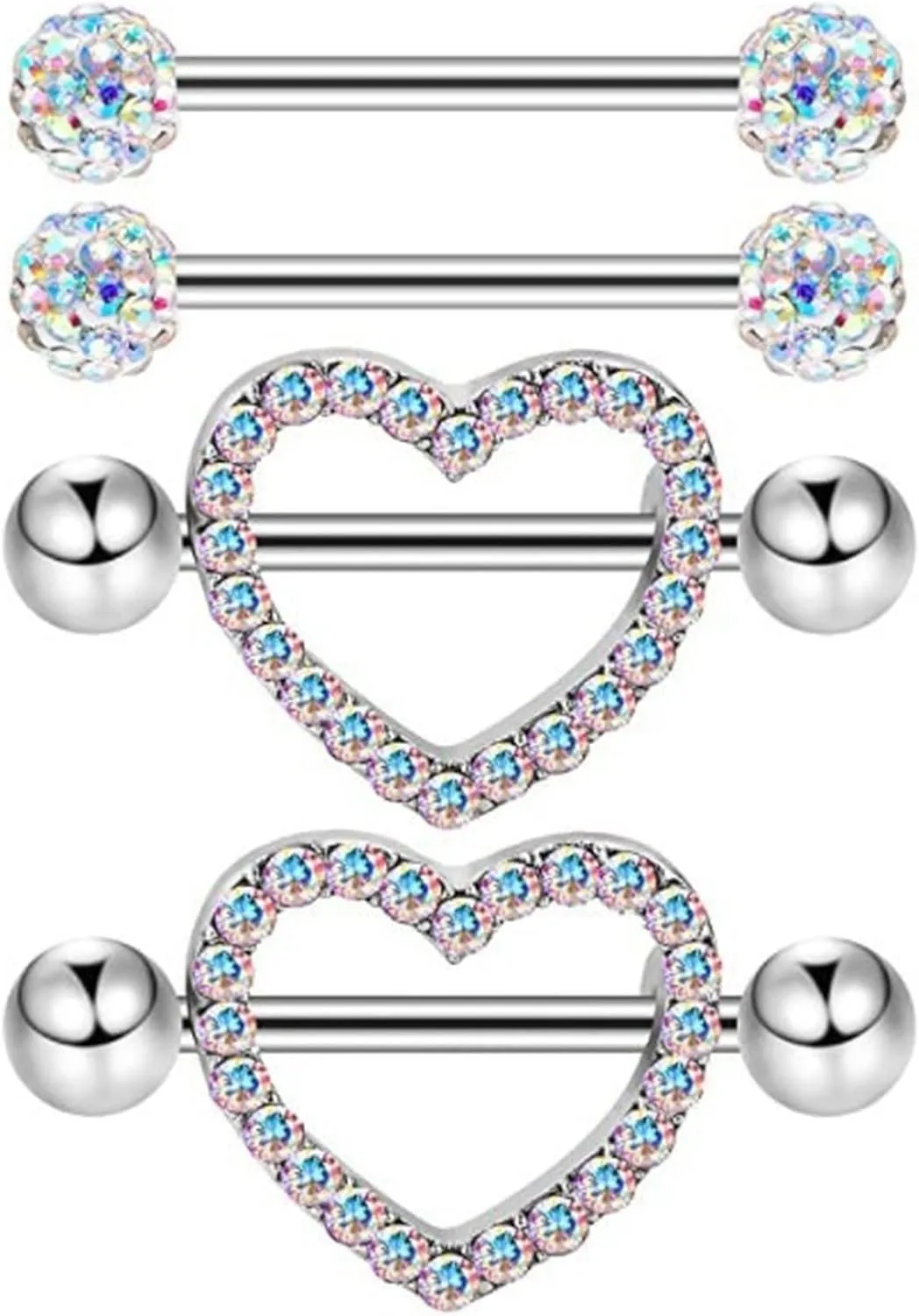 2Pairs 14G Stainless Steel Nipple Rings Glitter CZ Heart Ball Straight Barbell Bars Tongue Ring 16mm(5/8Inch) Body Piercing Jewelry Set