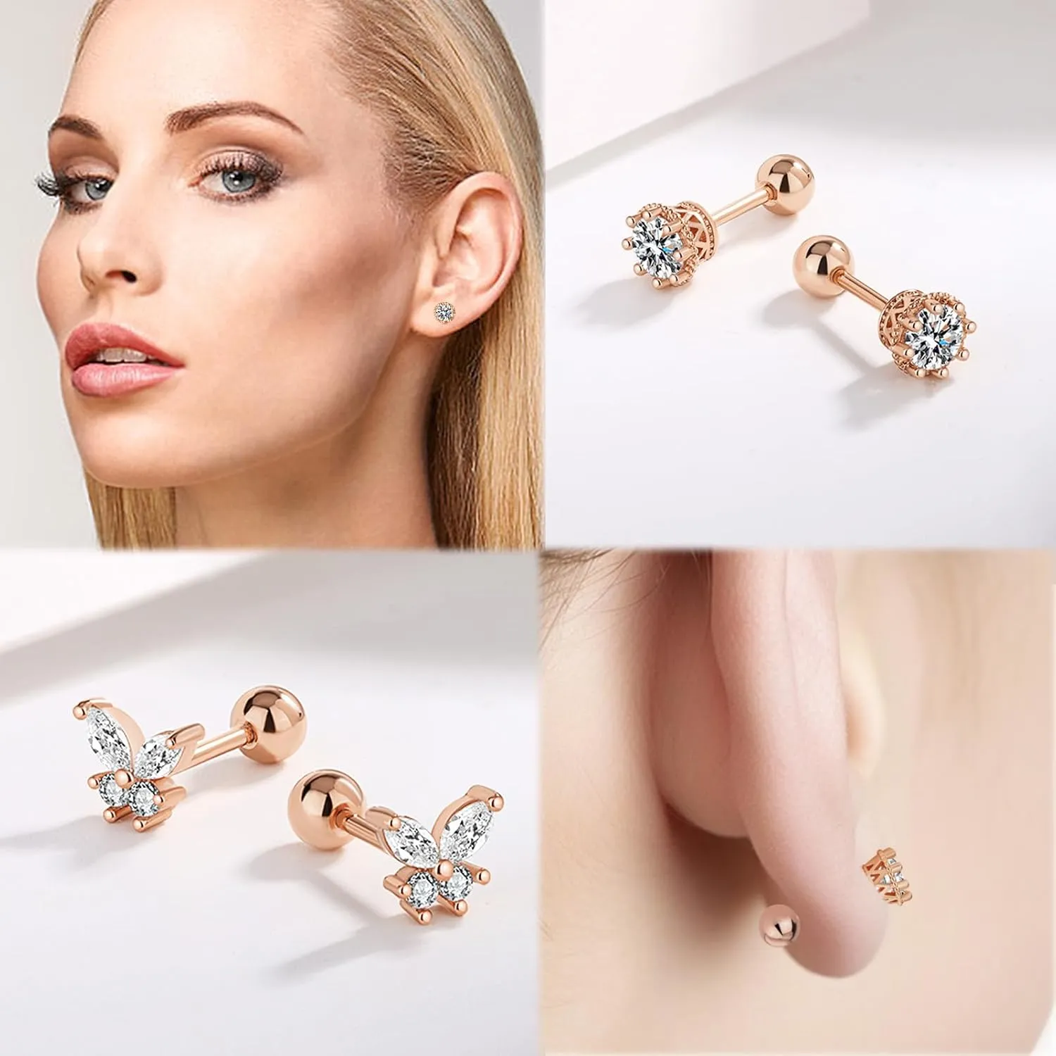 2pairs Gold Studs Earrings for Women 316L Surgical Steel Flat Back Stud Earrings Hypoallergenic Helix Earrings Studs Ear Piercing Jewelry Set