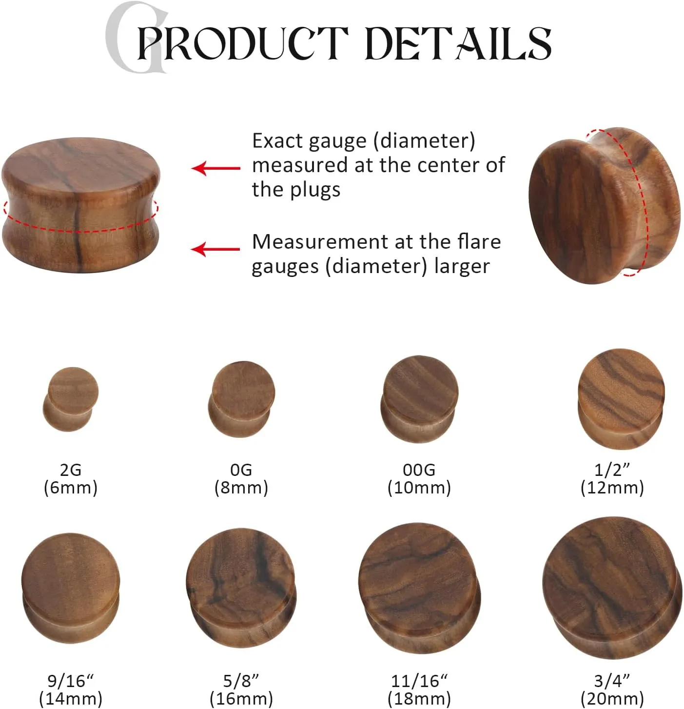 2PCS 2G-3/4"Ear Plugs Ear Gauges Vintage Natural Wood Double Flared Saddle Wooden Ear Expanders Ear Stretcher Ear Tunnels Lobe Body Piercing Jewelry for Women Men 6MM-20MM