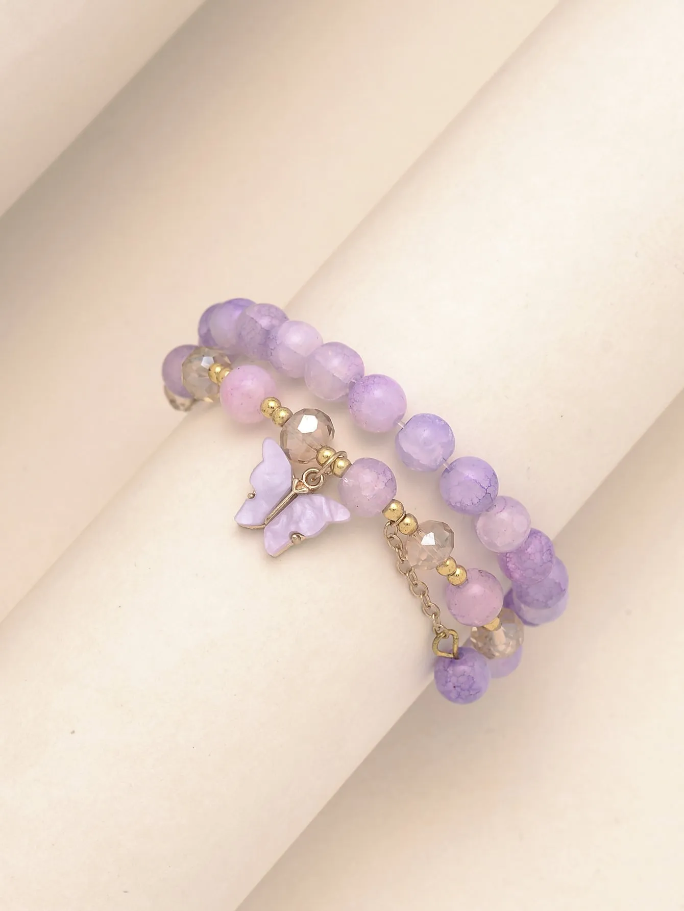 2pcs Butterfly Decor Purple Beaded Bracelet Boho Stylish Bead-string Stretchy