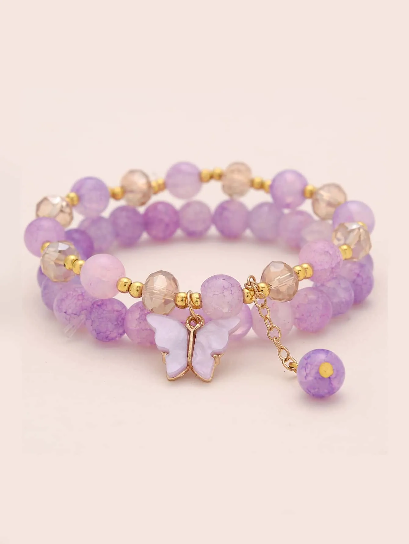 2pcs Butterfly Decor Purple Beaded Bracelet Boho Stylish Bead-string Stretchy
