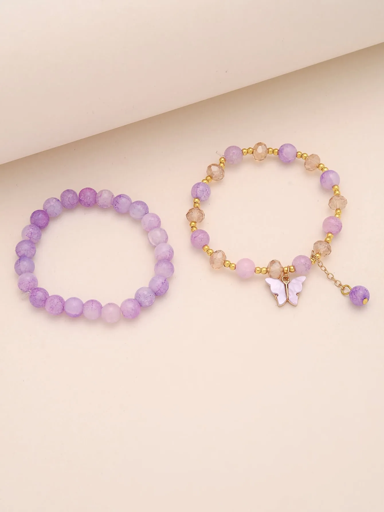 2pcs Butterfly Decor Purple Beaded Bracelet Boho Stylish Bead-string Stretchy