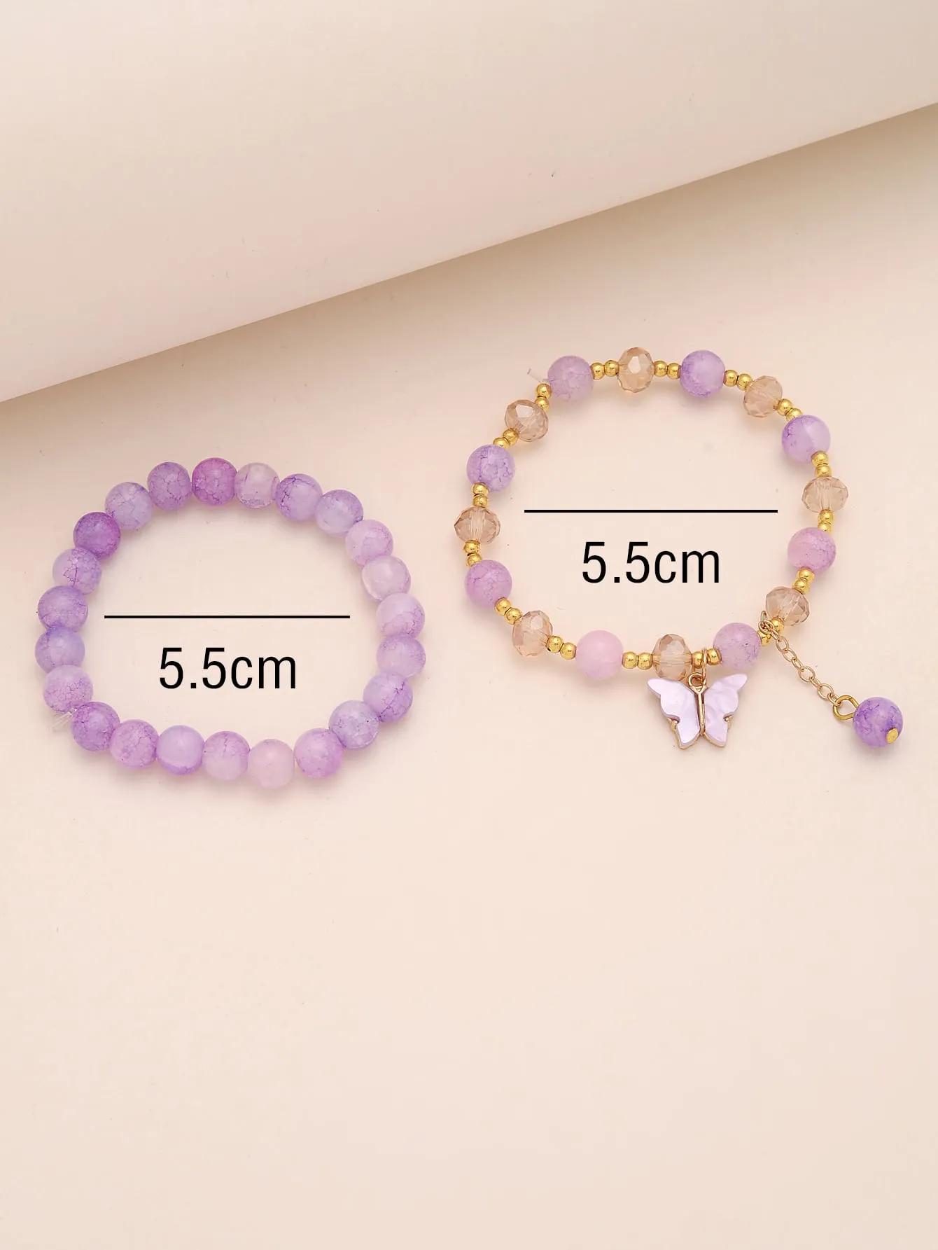 2pcs Butterfly Decor Purple Beaded Bracelet Boho Stylish Bead-string Stretchy