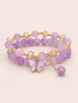 2pcs Butterfly Decor Purple Beaded Bracelet Boho Stylish Bead-string Stretchy