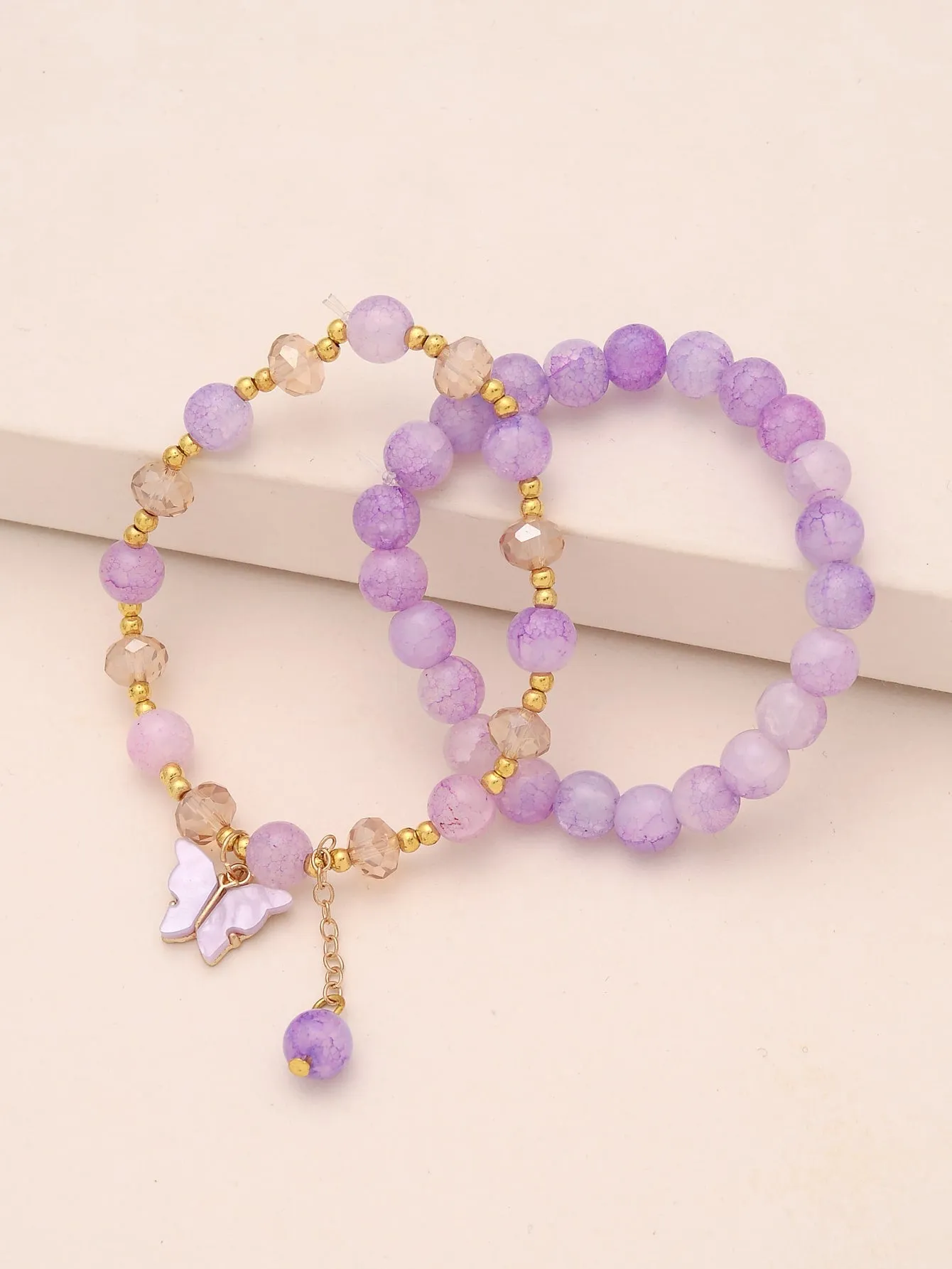 2pcs Butterfly Decor Purple Beaded Bracelet Boho Stylish Bead-string Stretchy