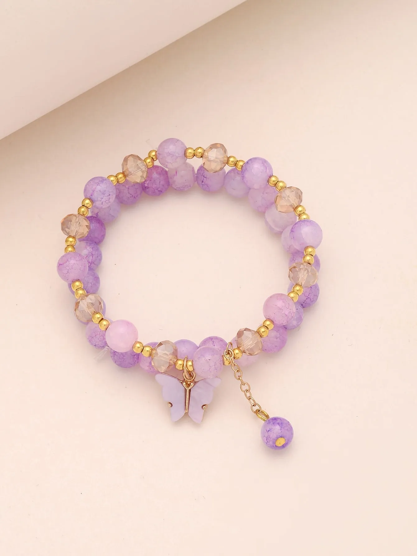 2pcs Butterfly Decor Purple Beaded Bracelet Boho Stylish Bead-string Stretchy