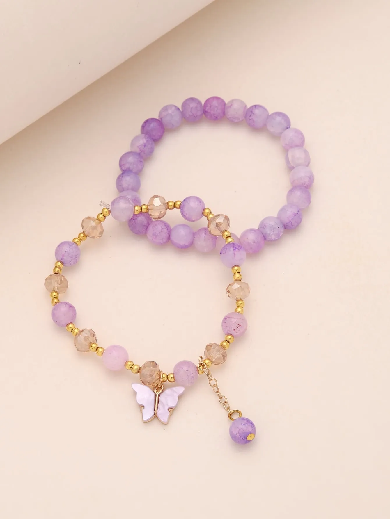2pcs Butterfly Decor Purple Beaded Bracelet Boho Stylish Bead-string Stretchy