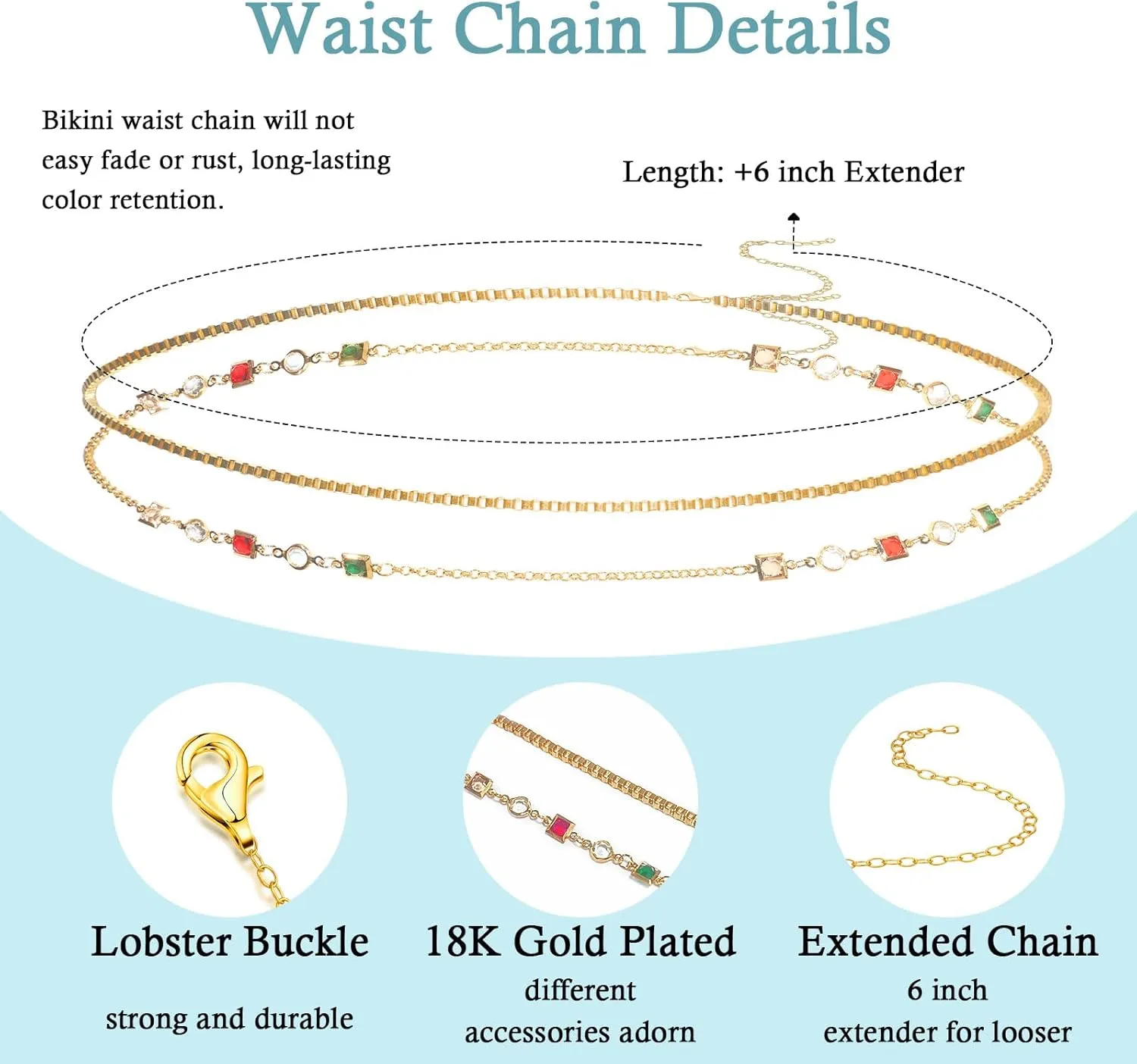 2PCS Gold Plated Waist Chain Beach Pearl Body Chain Adjustable Bikini Belly Chain Body Chain Jewelry for Women