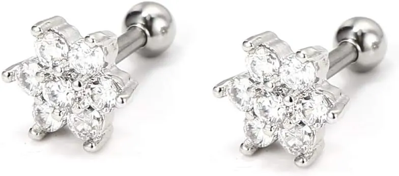 2PCS Stud Earrings 16G 316L Surgical Steel CZ Flower Cartilage Earrings Stud Piercing Helix Cartilage Conch Tragus Lobes Studs Hypoallergenic Earrings for Women (H:Silver CZ Flower)