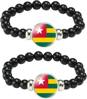 2Pcs Togo Flag Bracelet, Handmade Adjustable Elastic Cord Black Beaded Bracelet, Togo Travel Souvenir