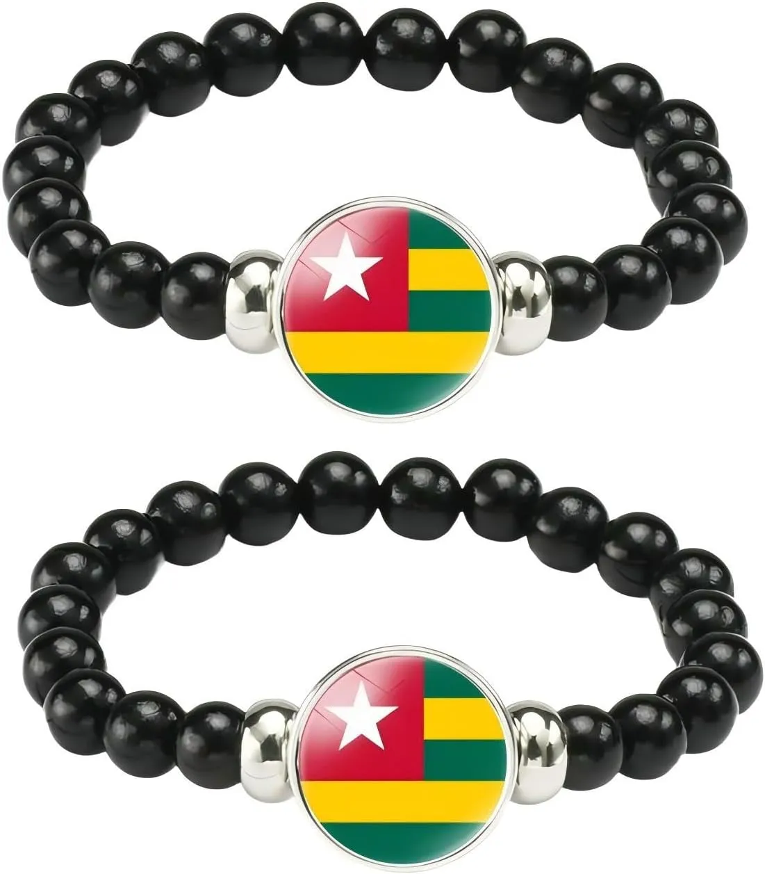 2Pcs Togo Flag Bracelet, Handmade Adjustable Elastic Cord Black Beaded Bracelet, Togo Travel Souvenir