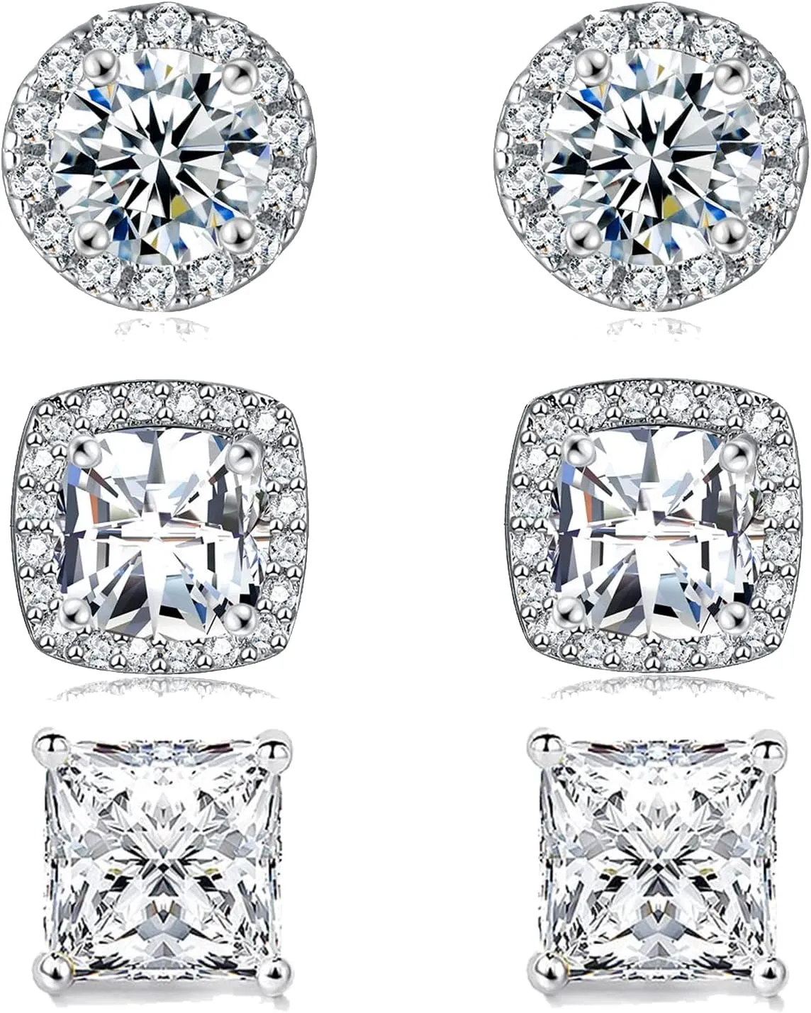 3 Pairs Stud Earrings, 18K White Gold Plated Round Square/Princess Cut Cubic Zirconia Simulated Diamond Halo Stud Earrings (3 Pairs)1