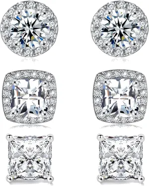 3 Pairs Stud Earrings, 18K White Gold Plated Round Square/Princess Cut Cubic Zirconia Simulated Diamond Halo Stud Earrings (3 Pairs)1